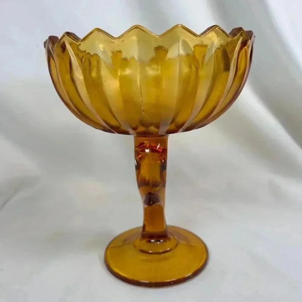 Vintage Amber Orange Indiana Glass Lotus Flower Compote Dish